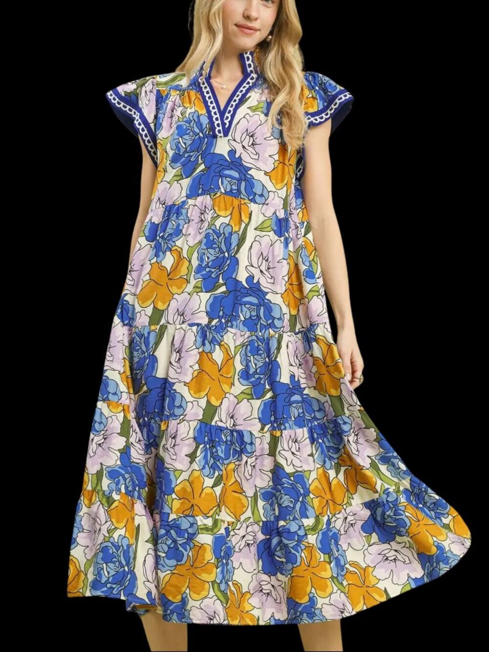 Umgee Mix Bold Floral Tiered Midi Dress